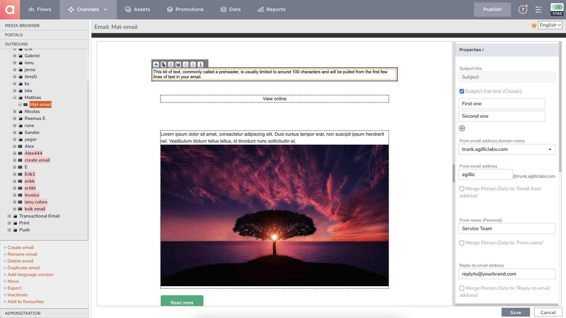 Old content designer Screenshot of old push editor in the Agillic platform